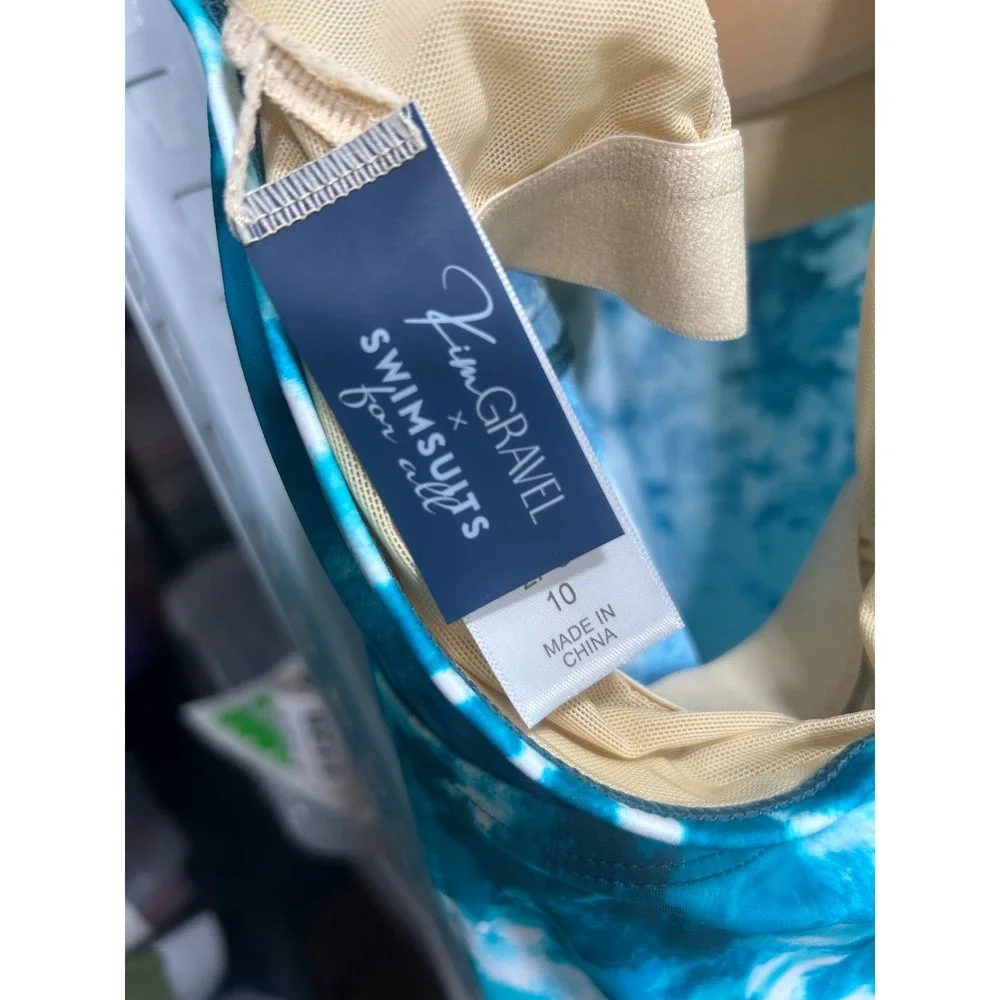 Kim Gravel x Swimsuits For All Tie Dye Halter Tankini Set Teal White Size 10